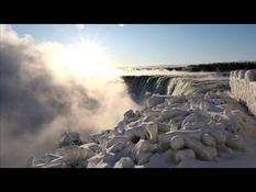 Sunrise over frozen Niagara Falls